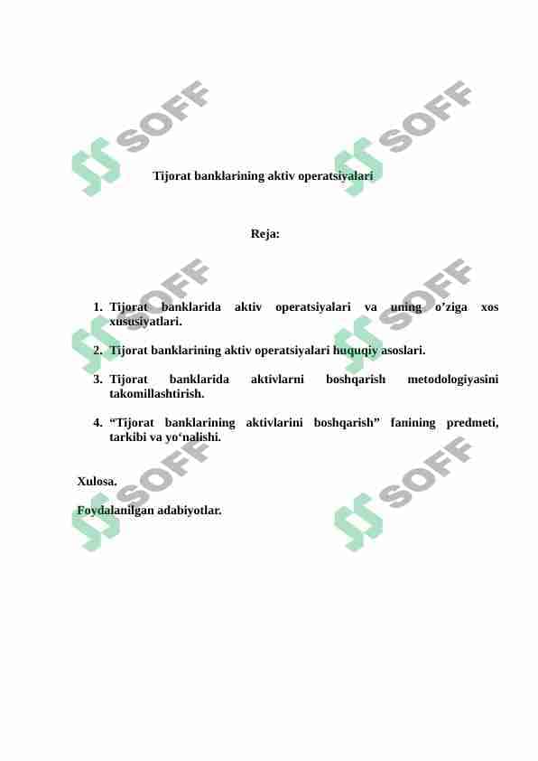 Tijorat banklarining aktiv operatsiyalari
