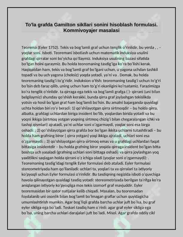 To'la grafda Gamilton sikllari sonini hisoblash formulasi. Kommivoyajer masalasi