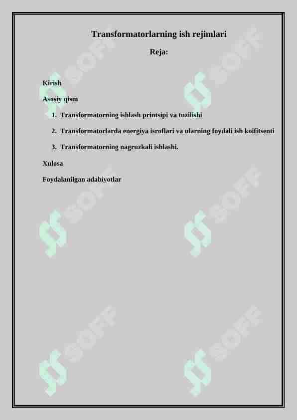 Transformatorlarning ish rejimlari