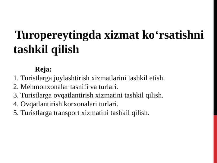 Turopereytingda xizmat ko‘rsatishni tashkil qilish