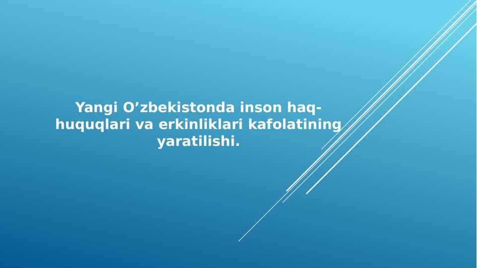 Yangi O’zbekistonda inson haq-huquqlari va erkinliklari kafolatining yaratilishi.