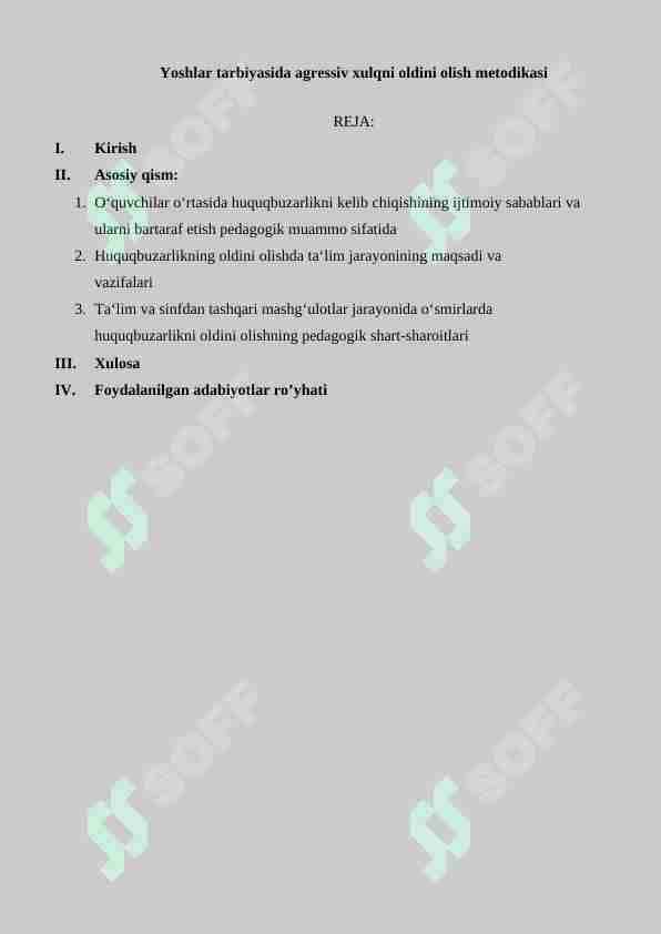 Yoshlar tarbiyasida agressiv xulqni oldini olish metodikasi