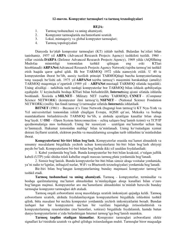 Kompyuter tarmoqlari va tarmoq texnologiyalari