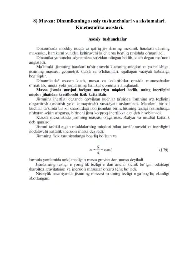 Dinamikaning asosiy tushunchalari va aksiomalari. Kinetostatika asoslari