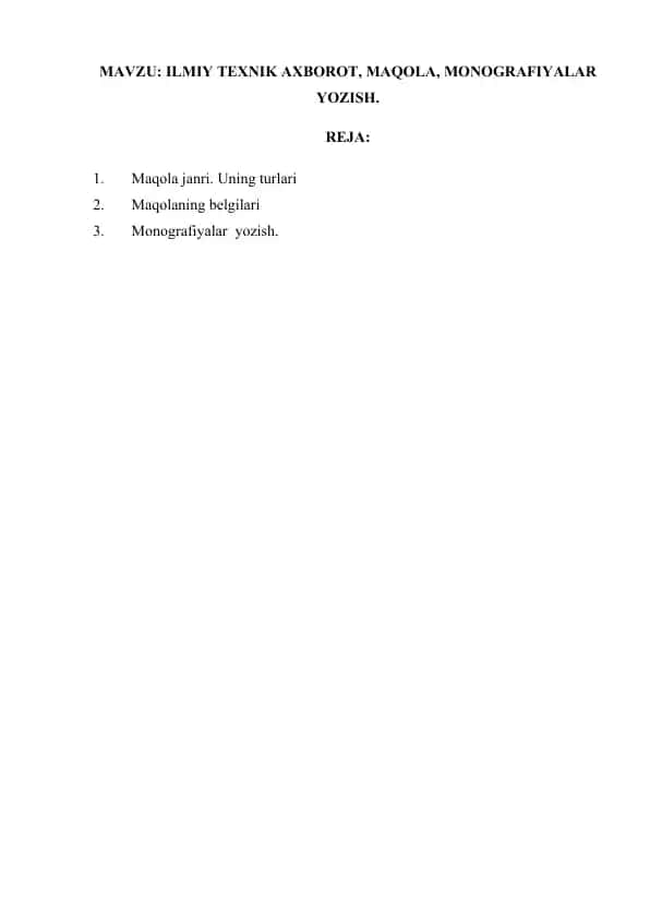 ILMIY TEXNIK AXBOROT, MAQOLA, MONOGRAFIYALAR YOZISH