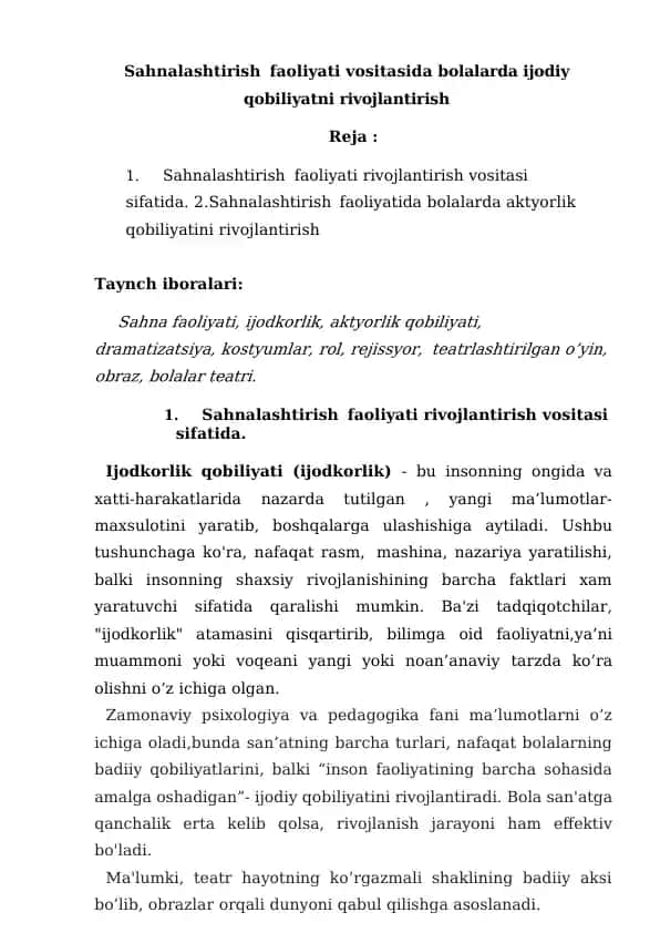 Sahnalashtirish faoliyati vositasida bolalarda ijodiy qobiliyatni rivojlantirish