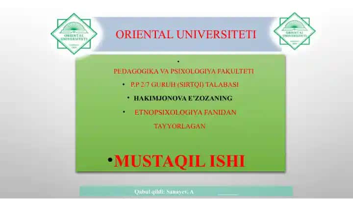 Etnopsixologiya fanidan "ETNOPSIXOLOGIYADA FOLKLORNING O'RNI" mavzusida maqola