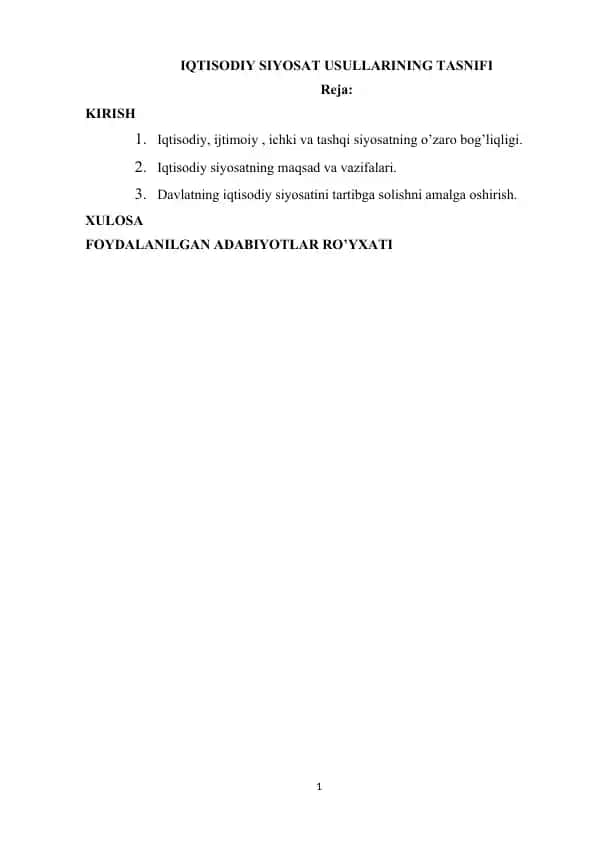 IQTISODIY SIYOSAT USULLARINING TASNIFI