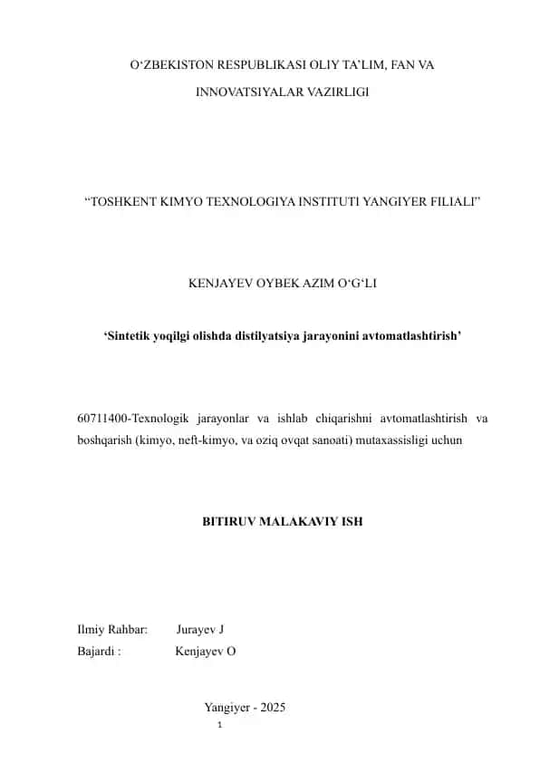 "Sintetik yoqilgi olishda distilyatsiya jarayonini avtomatlashtirish"