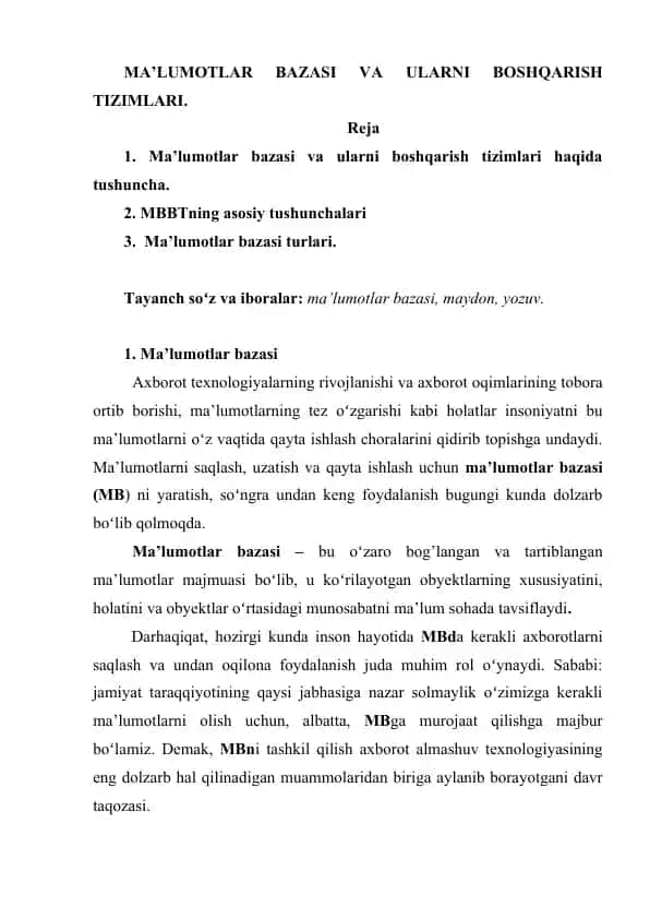 Ma’lumotlar bazasi va ularni boshqarish tizimlari