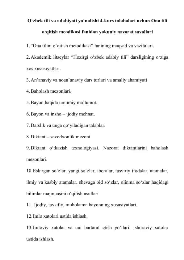 Ona tili o‘qitish metodikasi fanidan yakuniy nazorat savollari va darslik