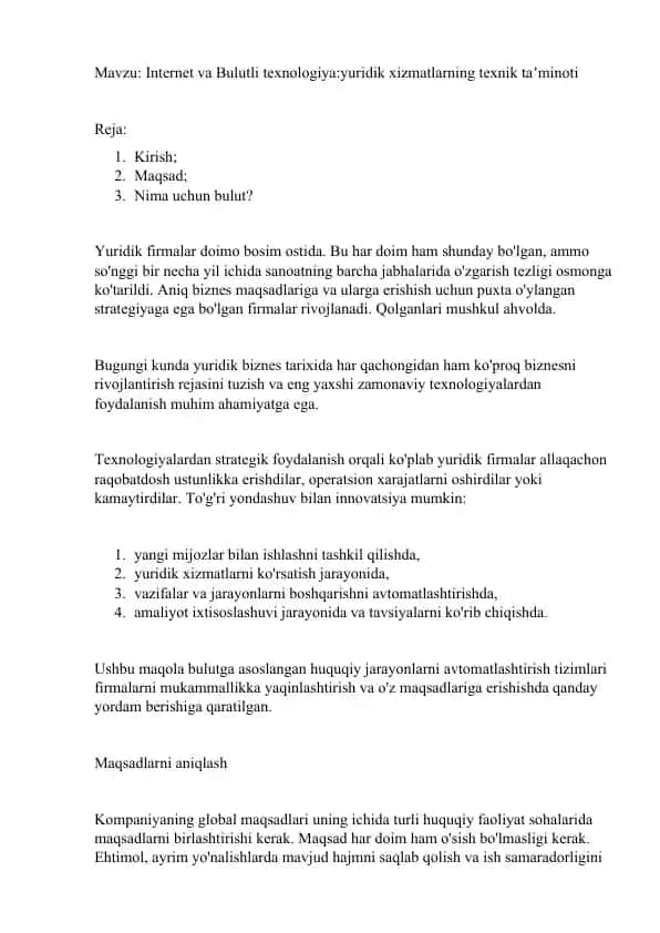 Internet va Bulutli texnologiya:yuridik xizmatlarning texnik taʼminoti