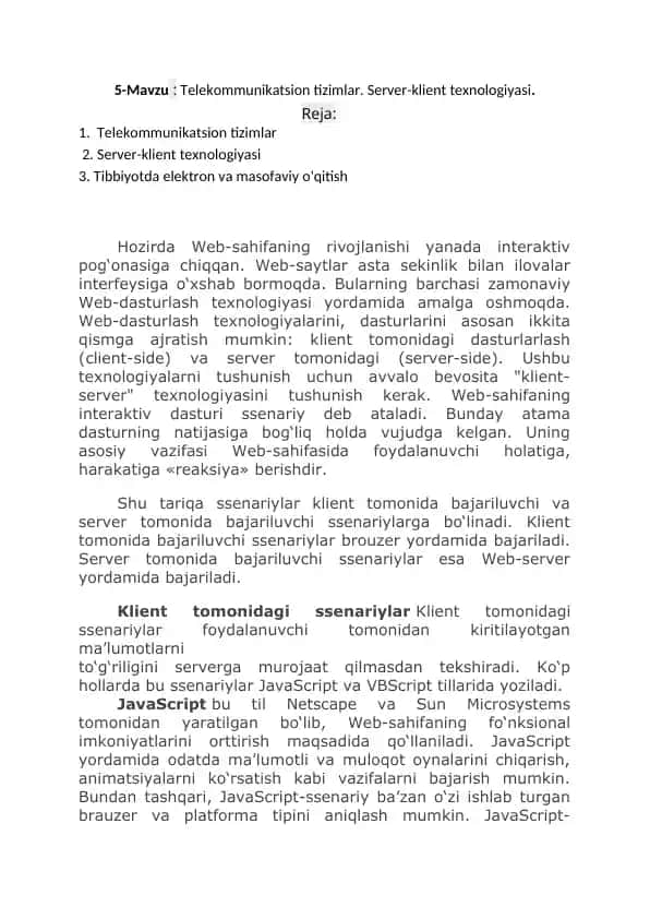 Telekommunikatsion tizimlar. Server-klient texnologiyasi