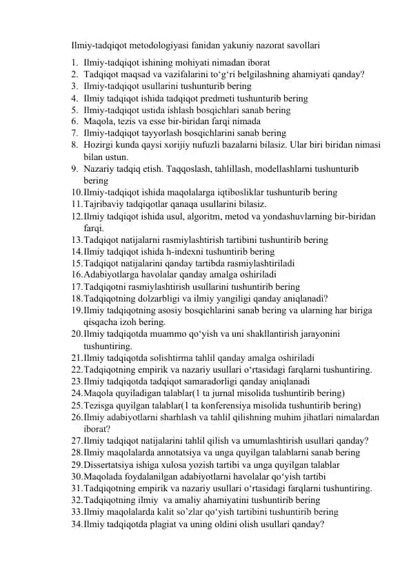 Ilmiy-tadqiqot metodologiyasi fanidan yakuniy nazorat savollari