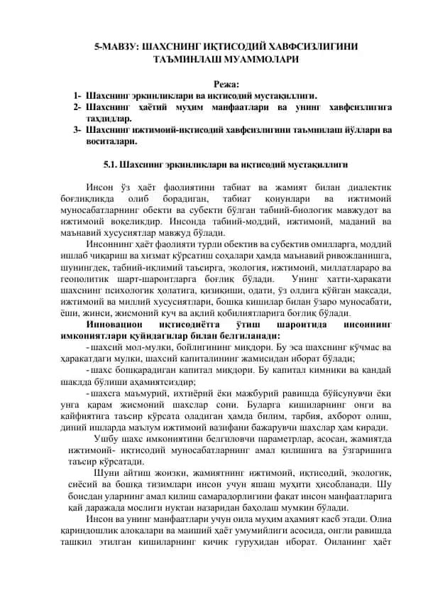 Иқтисодий хавфсизлик ва шахсий муҳитинг мухофазаси