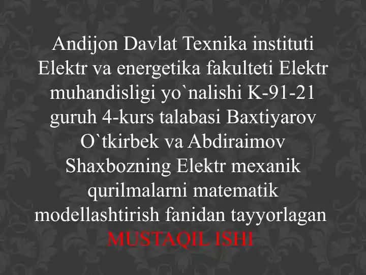 Bir fazali sinxron generatorni matematik modellashtirish
