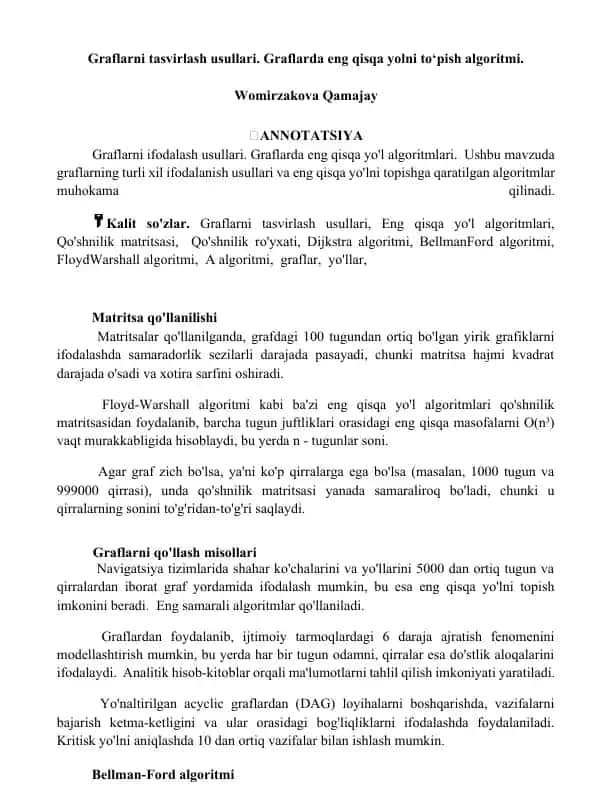 Graflarni tasvirlash usullari va eng qisqa yo‘l algoritmlari