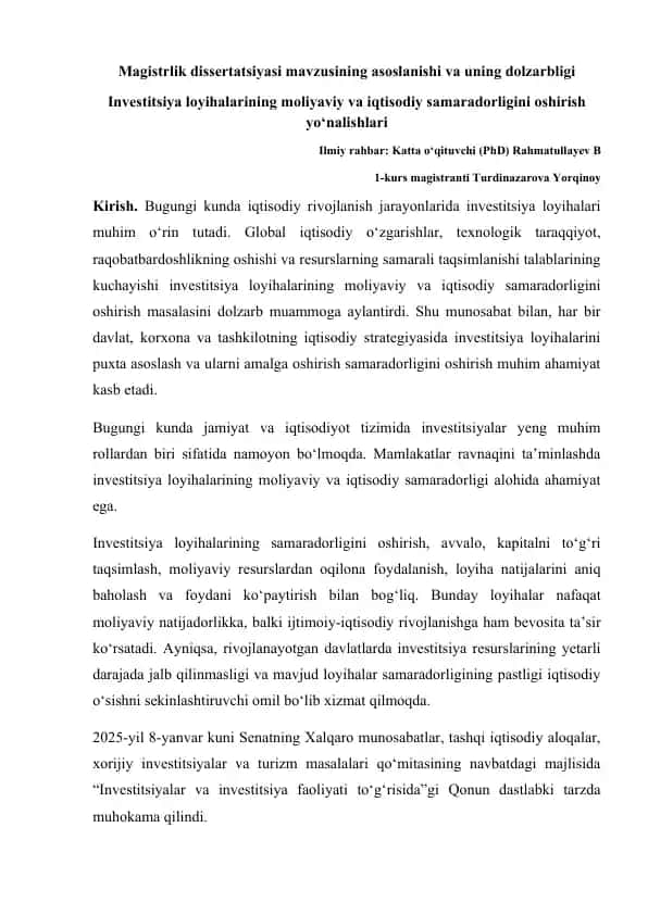 Magistrlik dissertatsiyasi mavzusining asoslanishi va uning dolzarbligi