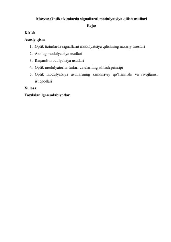 Optik tizimlarda signallarni modulyatsiya qilish usullari