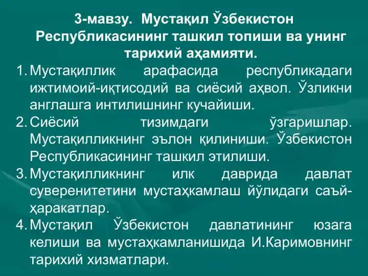 Mustaqil O'zbekiston Respublikasining tashkil topishi va uning tarihiy ahamiyati