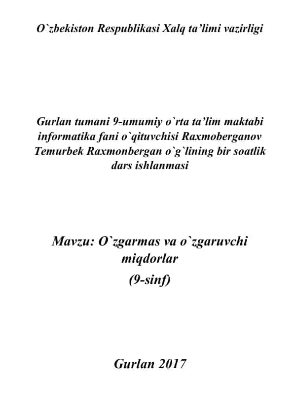 O`zgarmas va o`zgaruvchi miqdorlar dars ishlanmasi