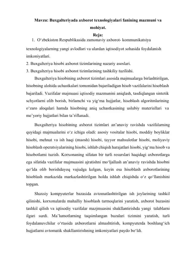 Buxgalteriyada axborot texnologiyalari fanining mazmuni va mohiyati