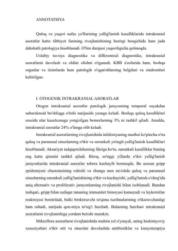 Quloq va Yuqori Nafas Yo'llarining Yallig'lanish Kasalliklari