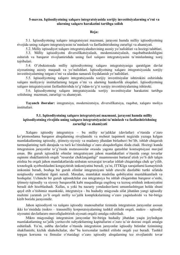 Iqtisodiyotning xalqaro integratsiyasida xorijiy investitsiyalarning o’rni va ularning xalqaro harakatini tartibga solish