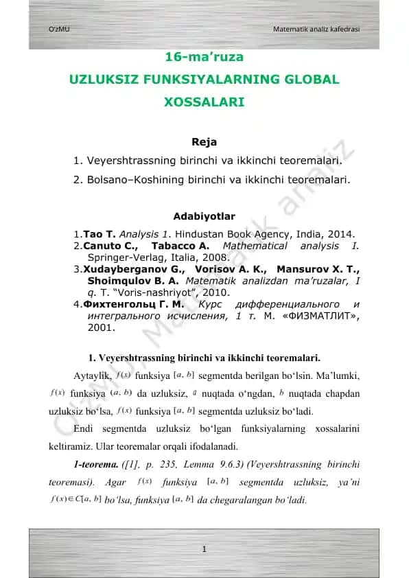 UZLUKSIZ FUNKSIYALARNING GLOBAL XOSSALARI