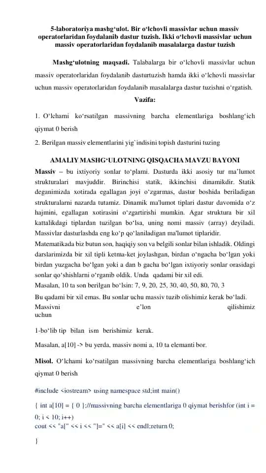 Massivlar uchun massiv operatorlaridan foydalanish