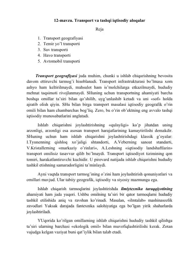 Transport va tashqi iqtisodiy aloqalar