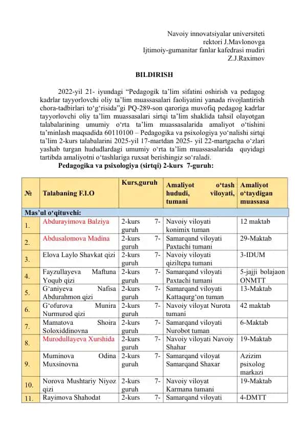 Pedagogika va psixologiya (sirtqi) 2-kurs talabalarining umumiy o‘rta ta’lim muassasalarida amaliyoti