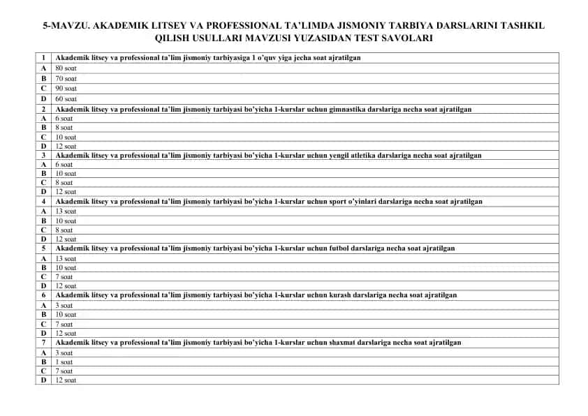 Akademik litsey va professional ta’lim jismoniy tarbiyasiga oid test savollari