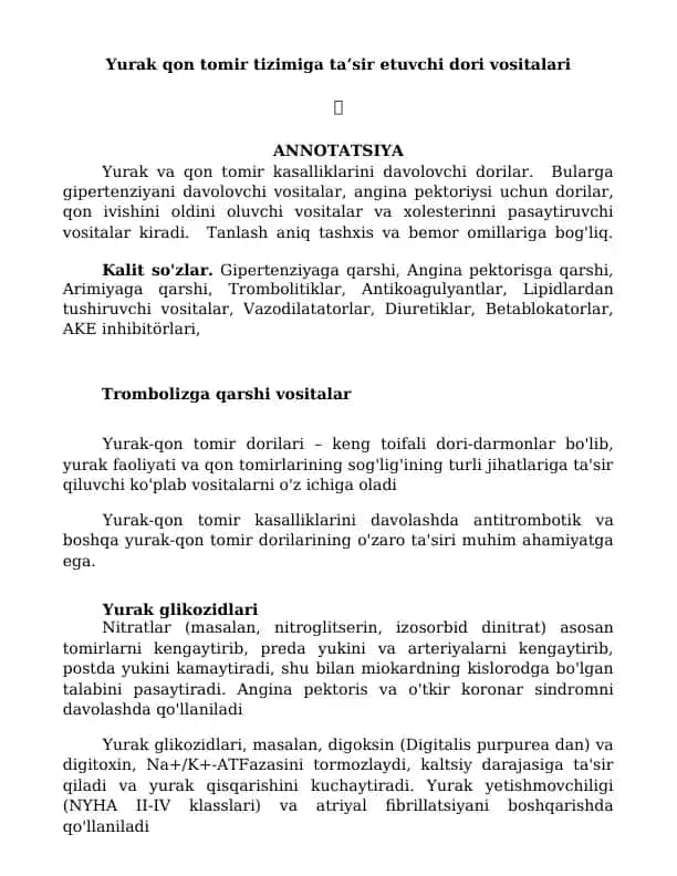 Yurak-qon tomir tizimiga taʼsir etuvchi dori vositalari