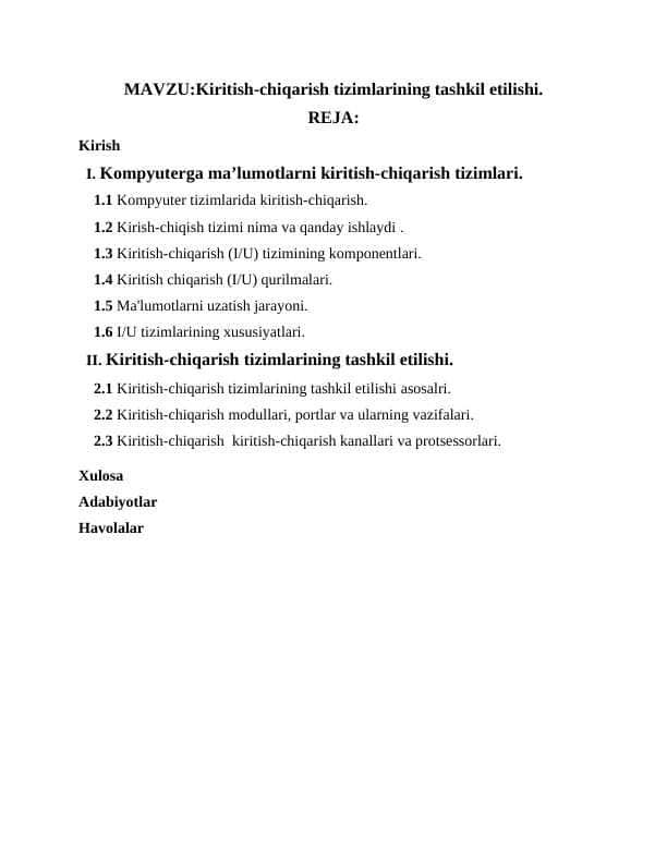Kiritish-chiqarish tizimlarining tashkil etilishi