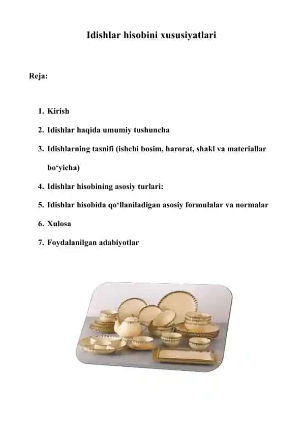 Idishlar hisobini xususiyatlari