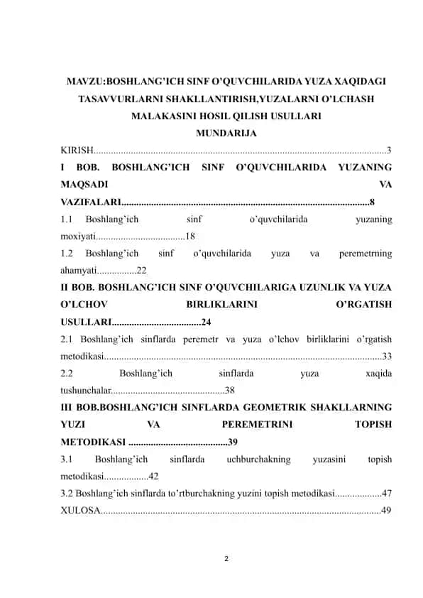 Boshlang’ich Sinf O’quvchilarida Yuza Xaqidagi Tasavvurlarni Shakllantirish, Yuza O’lchash Malakasini Hosil Qilish Usullari