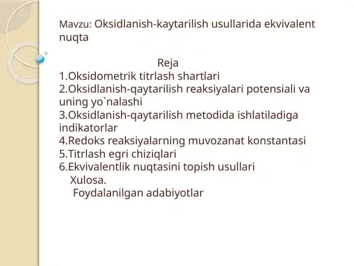 Oksidlanish-kaytarilish usullarida ekvivalent nuqta