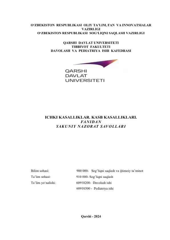 Ichki kasalliklar. Kasb kasalliklari fanidan yakuniy nazorat savollari
