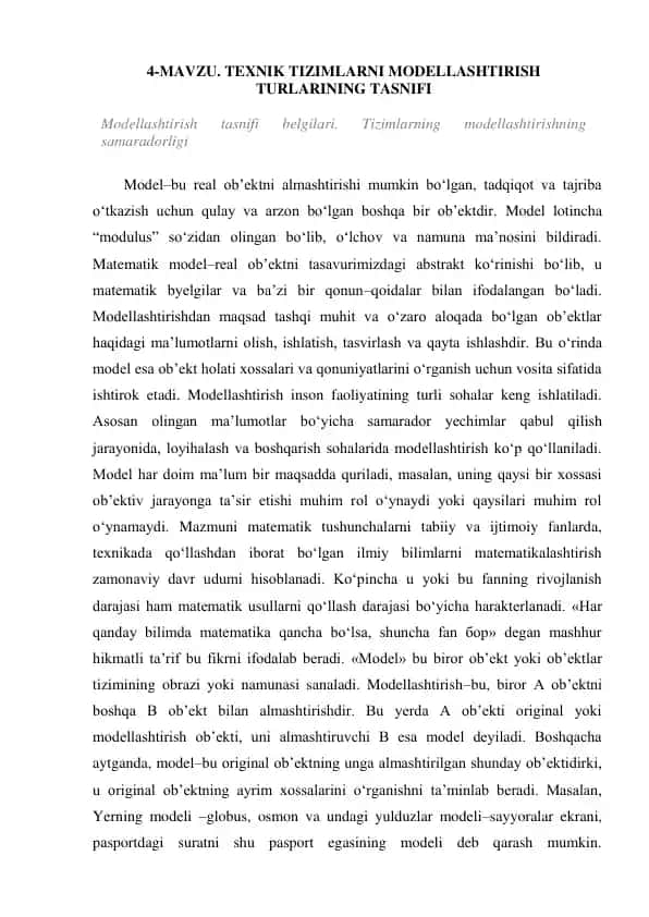 TEXNIK TIZIMLARNI MODELLASHTIRISH TURLARINING TASNIFI