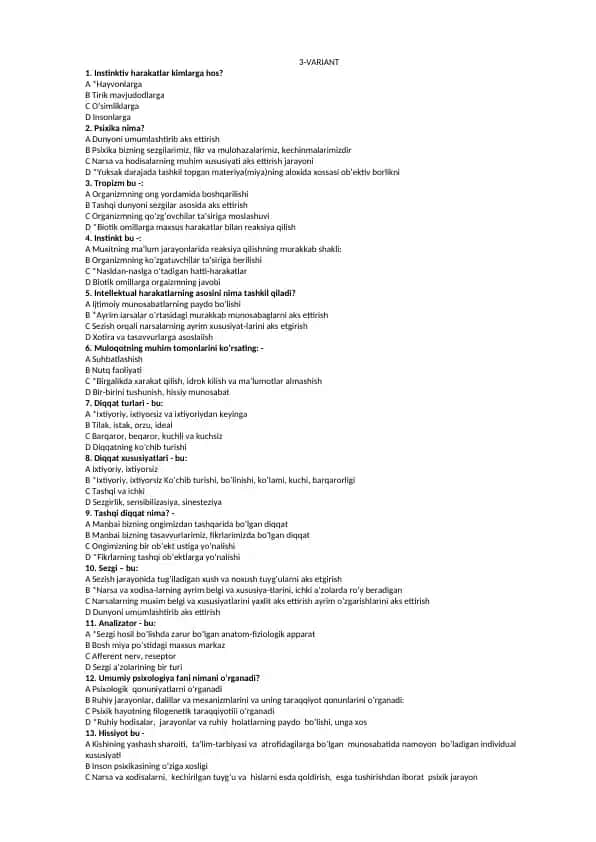 Psixologiya Test savollari