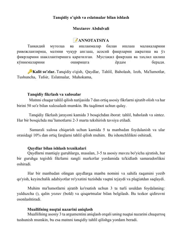 Tanqidiy o’qish va eslatmalar bilan ishlash