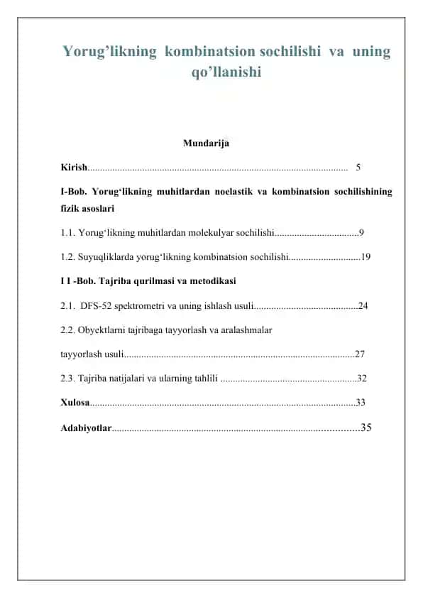 Yorug’likning kombinatsion sochilishi va uning qo’llanishi