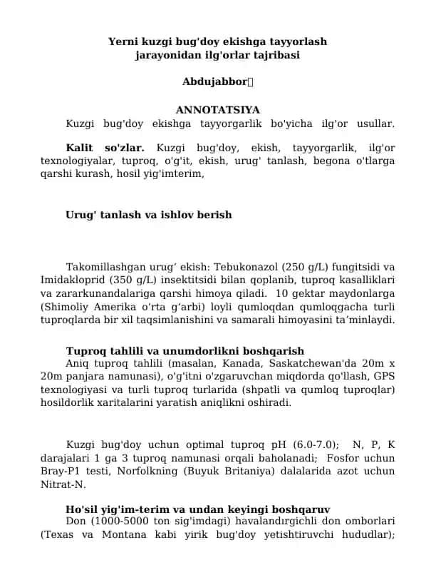Kuzgi bug'doy ekishga tayyorlash