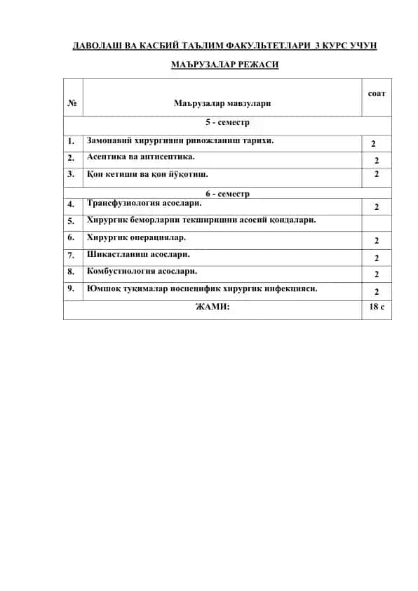 Davolash va Kasbiy Ta'lim Fakultetlari 3 kurs uchun ma'ruzalar rejasi