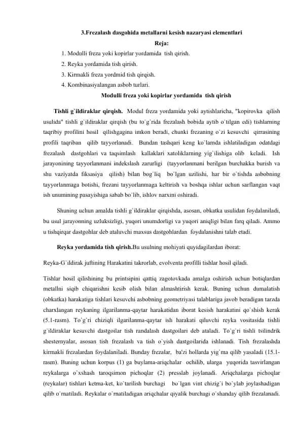 Metallarni kesish nazaryasi elementlari