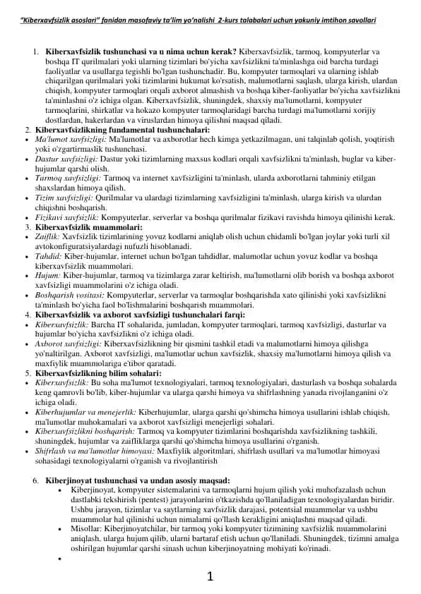 "Kiberxavfsizlik asoslari"