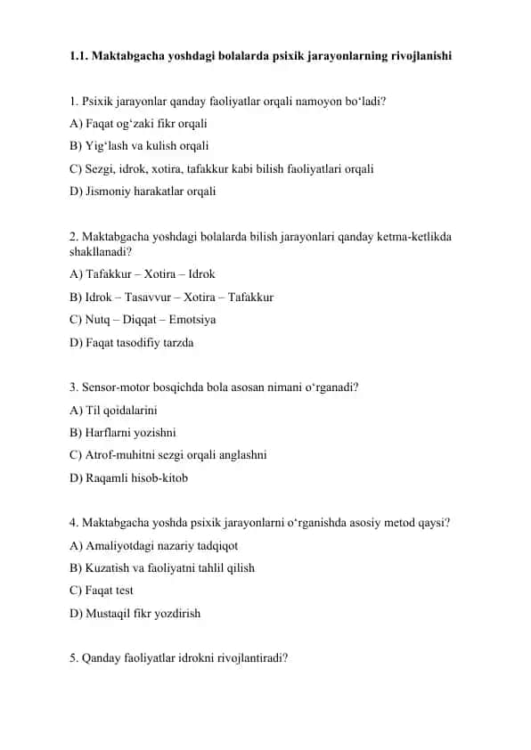 Maktabgacha yoshdagi bolalarda psixik jarayonlarning rivojlanishi