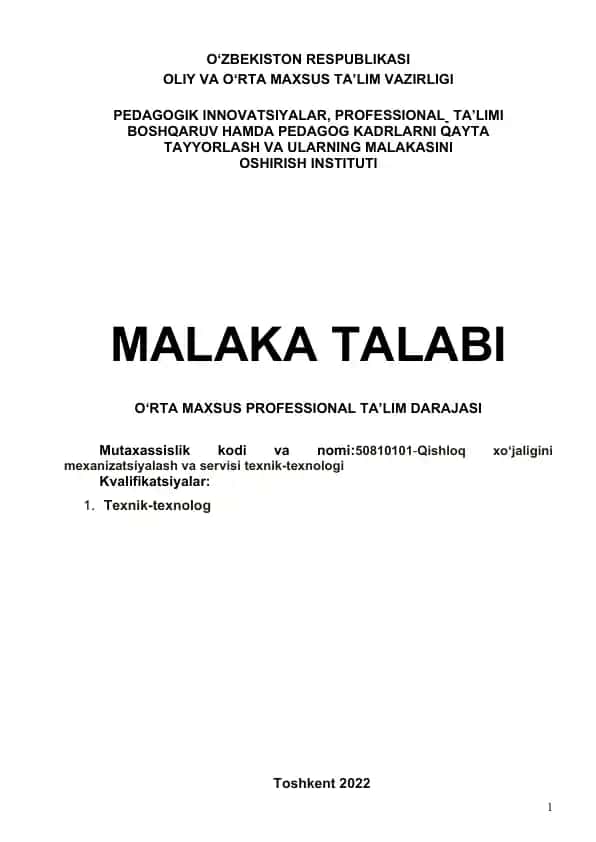 Qishloq xo‘jaligini mexanizatsiyalash va servisi texnik-texnologi