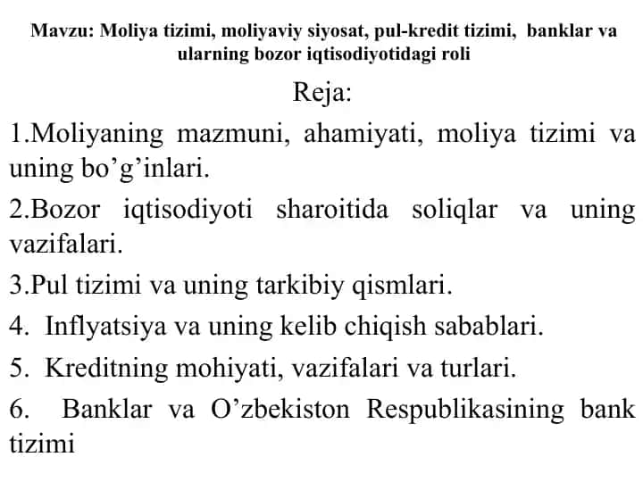 Moliya tizimi va uning ahamiyati